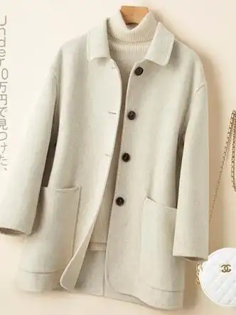 兰伶坊新款秋冬高端双面羊绒大衣女小个子短款羊毛呢外套混米色s85110