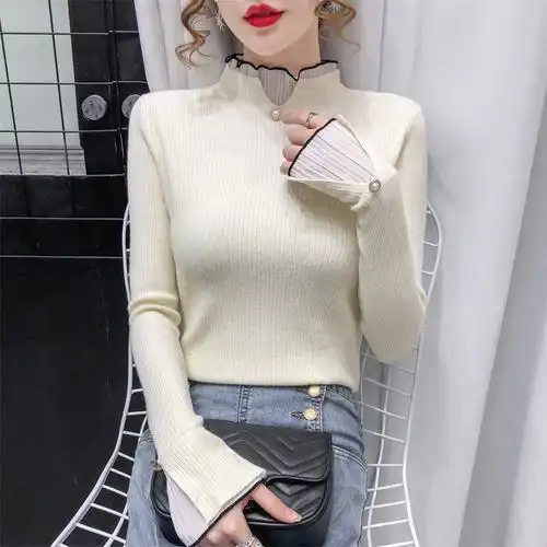 针织打底衫女秋季半高领时尚洋气修身显瘦气质百搭女人味长袖上衣