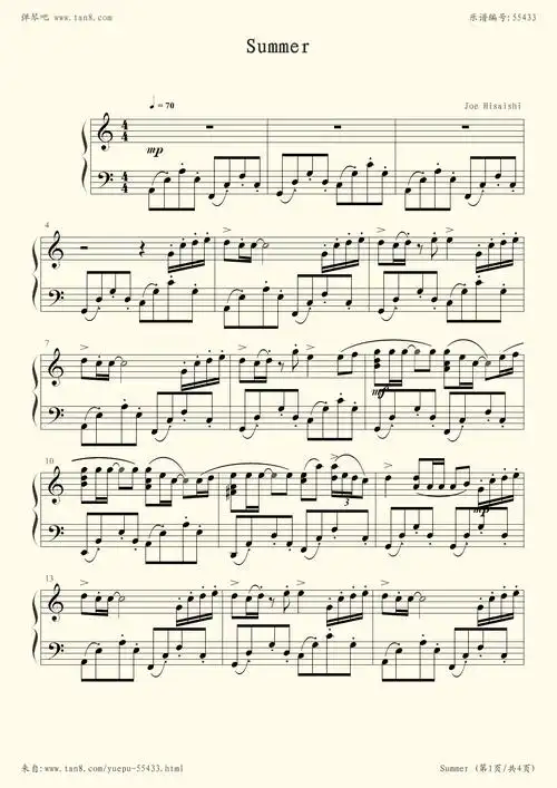 《summer,钢琴谱》菊次郎的夏天,久石让(五线谱 钢琴曲 指法)-弹吧|蛐