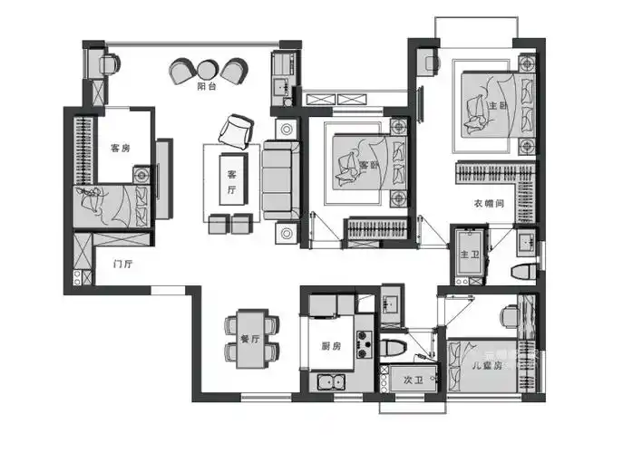 140㎡简约主义平层住宅-平面设计图及设计说明