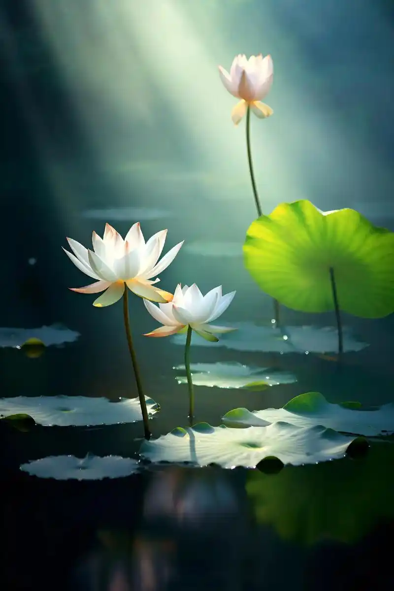 荷塘清烟缭绕远,雾气浓郁掩红尘. 逆光照耀白莲花,仙境梦幻寂 - 抖音