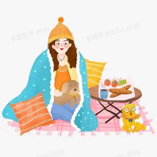手绘卡通冬季女孩宅家保暖插画免抠元素