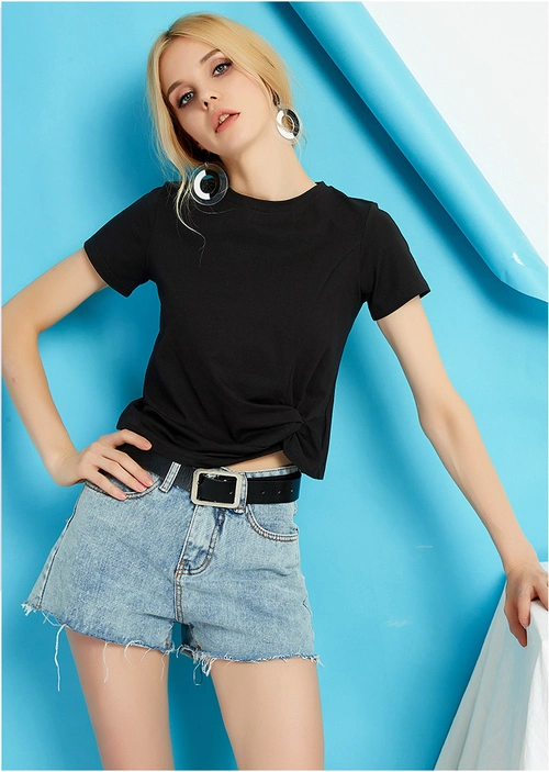 白色t恤女短袖短款下摆交叉打结纯棉半袖高腰不规则设计感小款