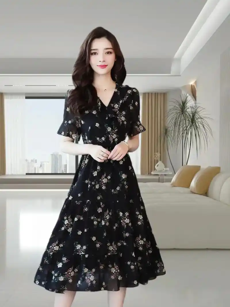 夏季新款碎花雪纺连衣裙