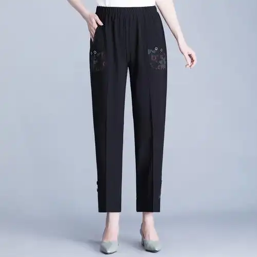 中老年女裤休闲妈妈裤子夏季薄款高腰九分冰丝