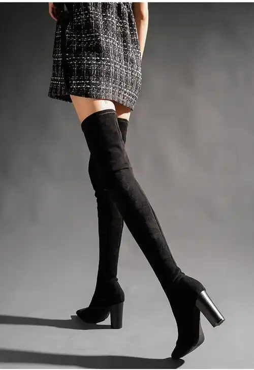 过漆长靴子女过膝盖皮高桶靴长靴秋冬超盖长筒靴高跟显瘦大腿靴粗跟