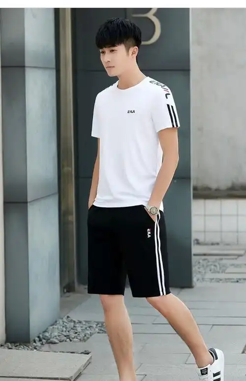男士夏装休闲运动套装2020新款潮流夏季短袖t恤男装短裤搭配帅气 白色