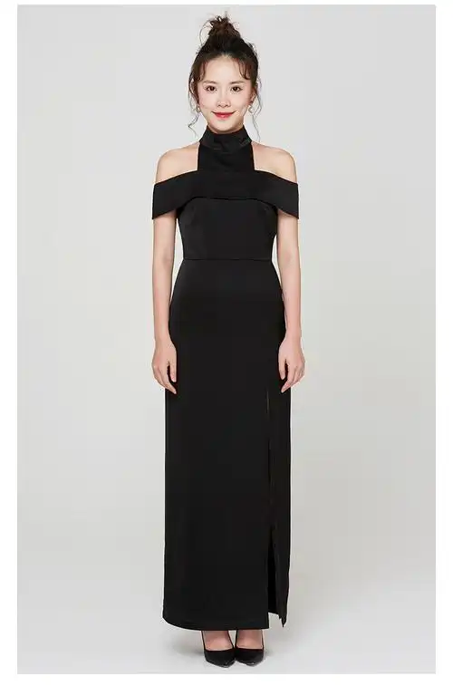 黑色礼服长裙晚礼服生日派对连衣裙一字肩挂脖连衣裙礼服女63729