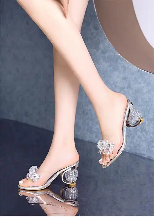 2021新款拖鞋女夏时尚半拖鞋女外穿粗跟中跟水钻水晶拖鞋女室外