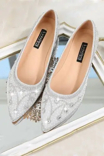 【左脚右脚】韩版时尚闪亮水钻银色婚鞋平底平跟新娘鞋伴娘鞋女鞋