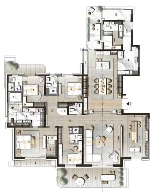 这款相当奢雅的大平层户型,外立面非常时尚,有流线型的阳台,内部的