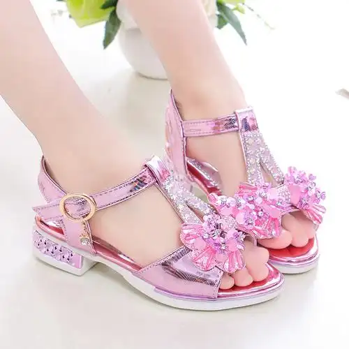 女童凉鞋公主鞋2019夏季新款中大童小高跟学生儿童水晶鞋女孩韩版