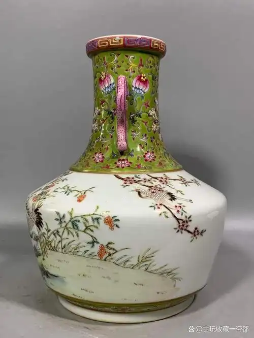 粉彩描金缠枝花卉《双鹤》诗句纹双耳瓶-大清道光年制「旧藏」