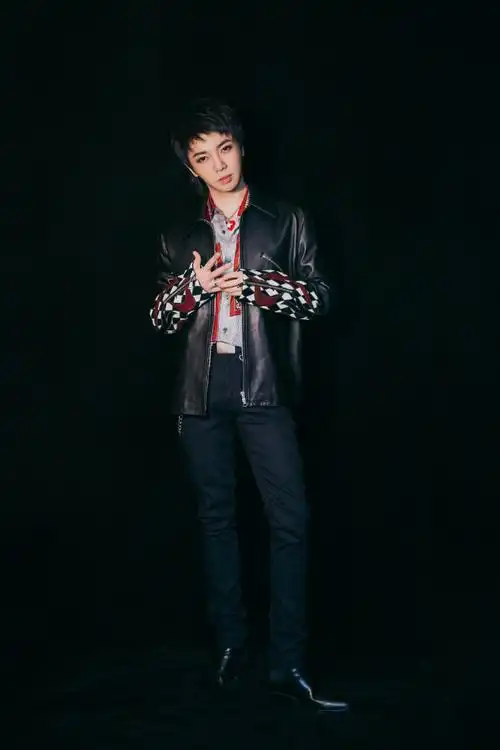 华晨宇yu身穿黑色小羊皮外套,内搭彩色丝绸链条印花衬衫,酷帅现身昨晚