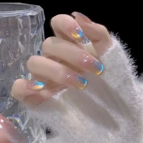 双色渐变冰透蓝色猫眼穿戴甲显白可拆卸成品批发指甲片法式美甲