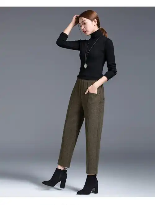 毛呢哈伦裤女秋冬宽松女士裤子韩版2018新款松紧腰女裤休闲九分裤