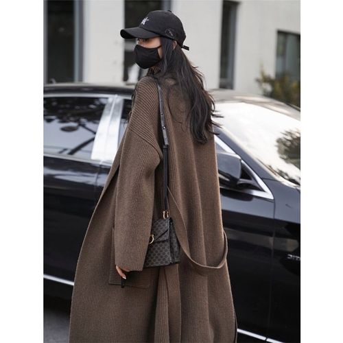 莫瑞甘秋冬大翻领毛衣外套女长款长过膝慵懒感气质宽松开衫针织大衣