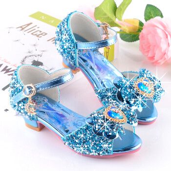 凉鞋女生女童高跟鞋子夏季新款儿童冰雪奇缘爱莎公主水晶鞋小蓝色28码