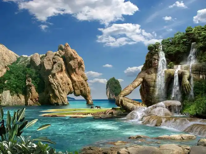 石山和瀑布海岸 桌布 - 1920x1440