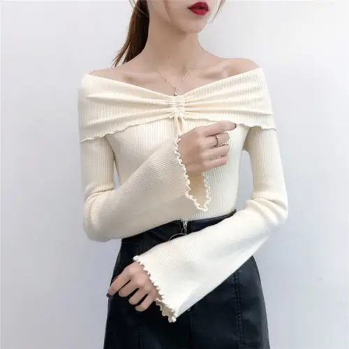 2018秋冬韩版喇叭袖套头毛衣长袖针织打底衫一字领露肩 - 搜款网