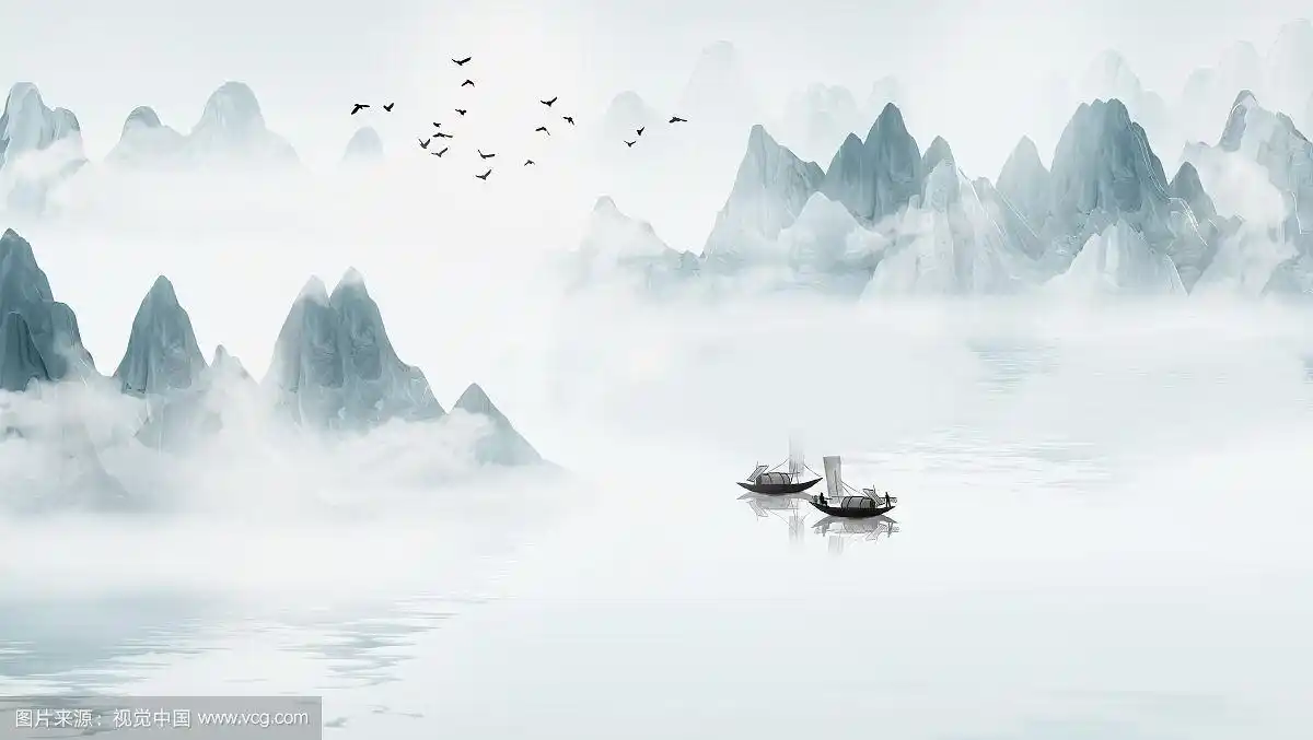 手绘蓝色意境淡雅中式山水画