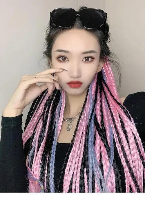 脏脏辫假发女机车彩色渐变小麻花辫子马尾双马尾假辫子发绳头饰09深