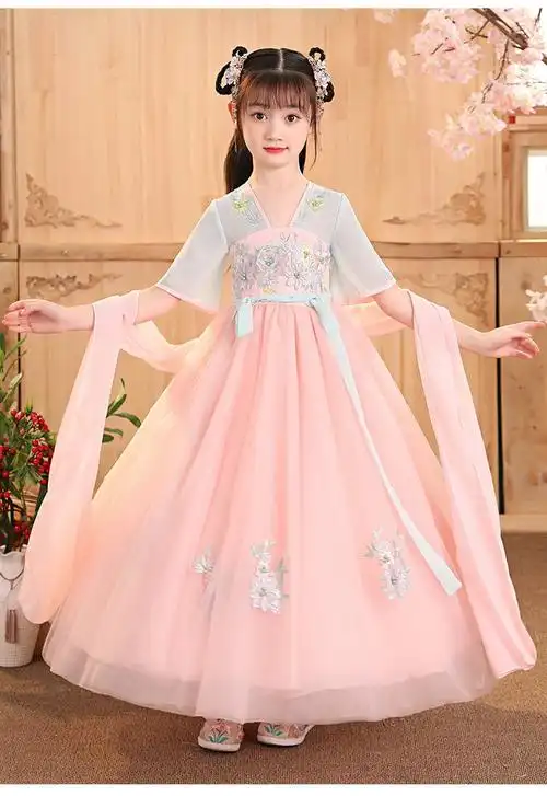 短袖古风裙子仙女轻纱宝宝夏季出门小孩穿的h86中袖浅粉色送流苏120cm