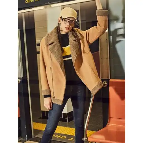 拉夏贝尔集团旗下复古机车毛呢外套女士冬装2018秋冬新款韩版学生短款