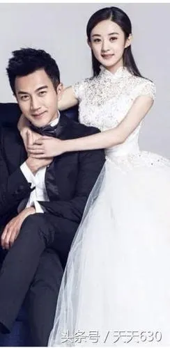 赵丽颖和刘恺威拍摄的婚纱照片,赵丽颖虽然搂着刘恺威的脖子,但二人的