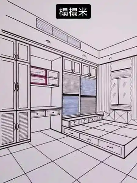 手绘榻榻米衣柜结构样式布局图