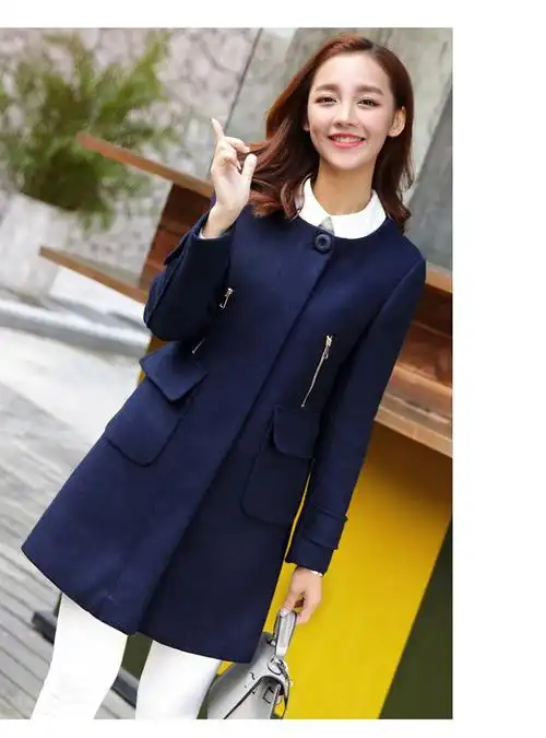 藏青色 圆领休闲直筒大衣