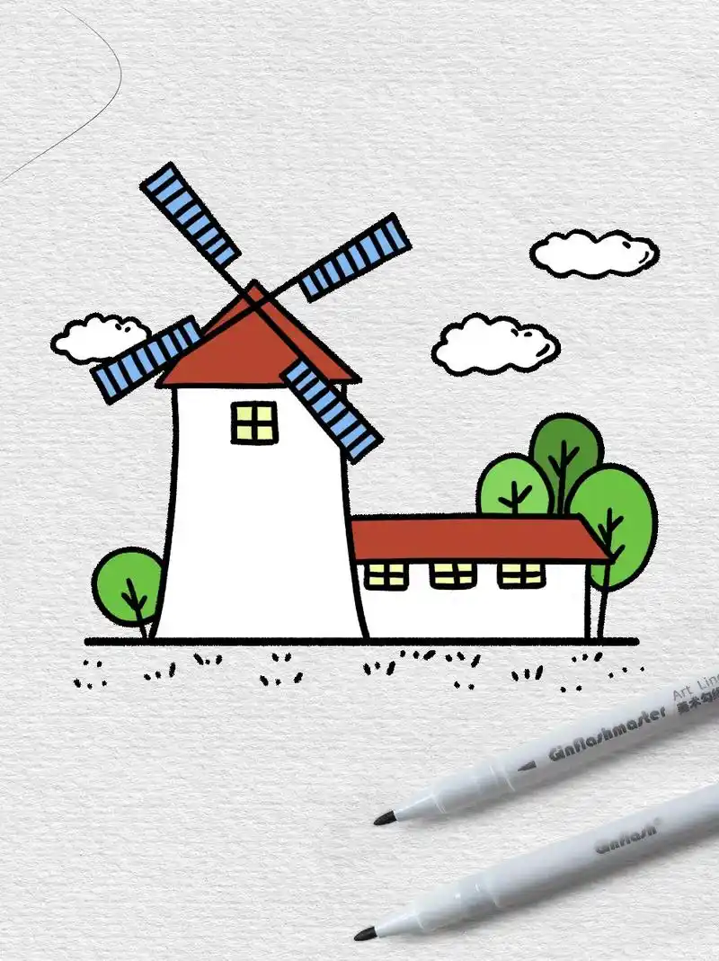 简笔画|超简单的荷兰风车.一学就会~79有一种风景,静静地竖 - 抖音