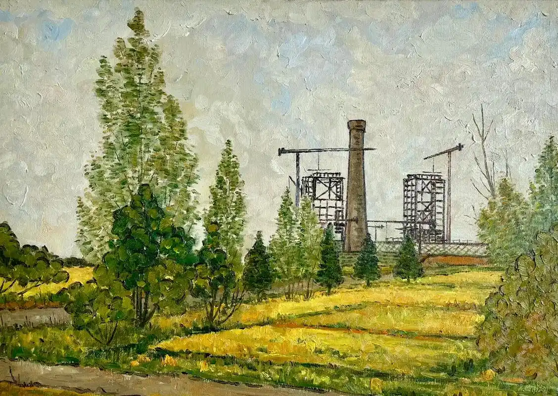 油画作品 《麦田》金色麦浪,云彩映衬着天空,金色麦田和烟筒… - 抖音