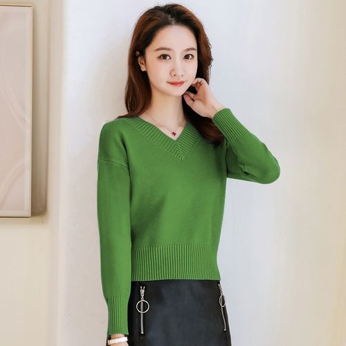 秋冬长袖针织衫鸡心领上衣女短款毛线衣套头宽松高腰内搭薄打底衫