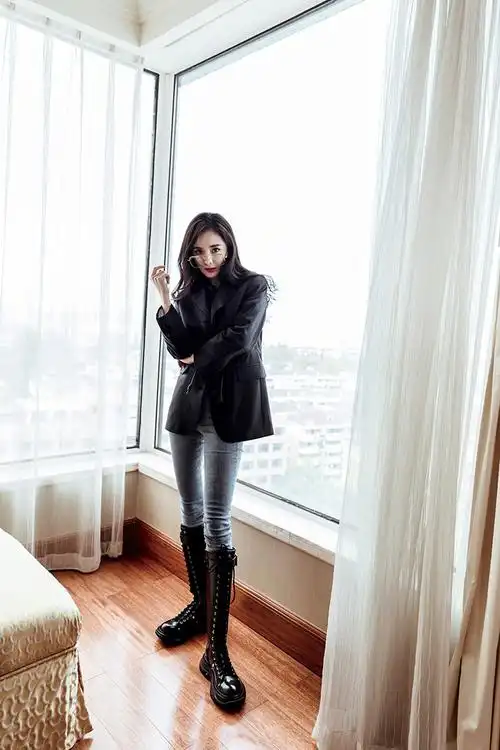 全真皮长筒靴女骑士靴2021新款系带绑带长靴高筒靴子中筒靴马丁靴品质