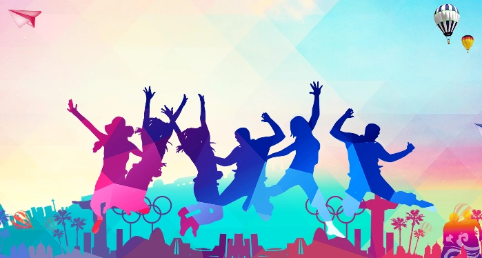 青春几何渐变热气球跳跃人物海报