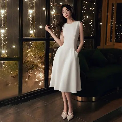 洋装小晚礼服女2022新款夏季平时可穿白色简单大方宴会连衣裙显瘦