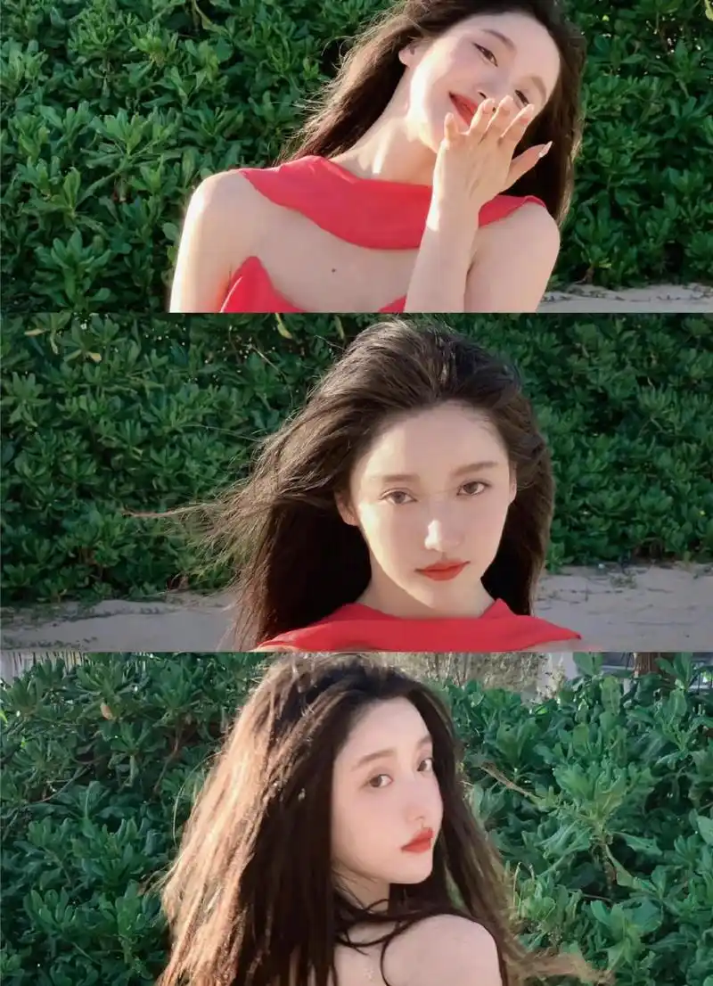 姜贞羽,玫红抹胸写真,随性自然.