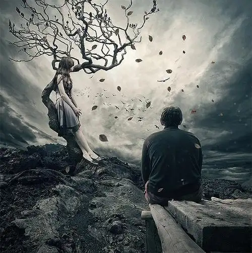 ps合成在枯树下分手的情侣场景