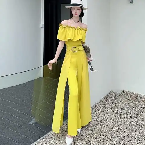 时髦女神范阔腿裤两件套夏季性感露肩一字领修身新款套装高腰长裤
