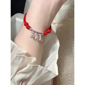 玫恰绳编手链七夕情人节礼物一步一响铃铛银小众民族女生夏红绳手绳七