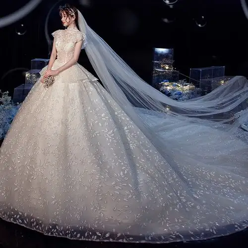 跨境蓬蓬裙2020新款新娘红色婚纱礼服外贸大码独唱长款演出服彩纱