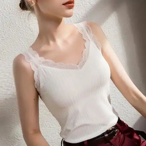 上衣夏季吊带女背心蕾丝修身薄美背性感弹力条纹冰丝无袖法式