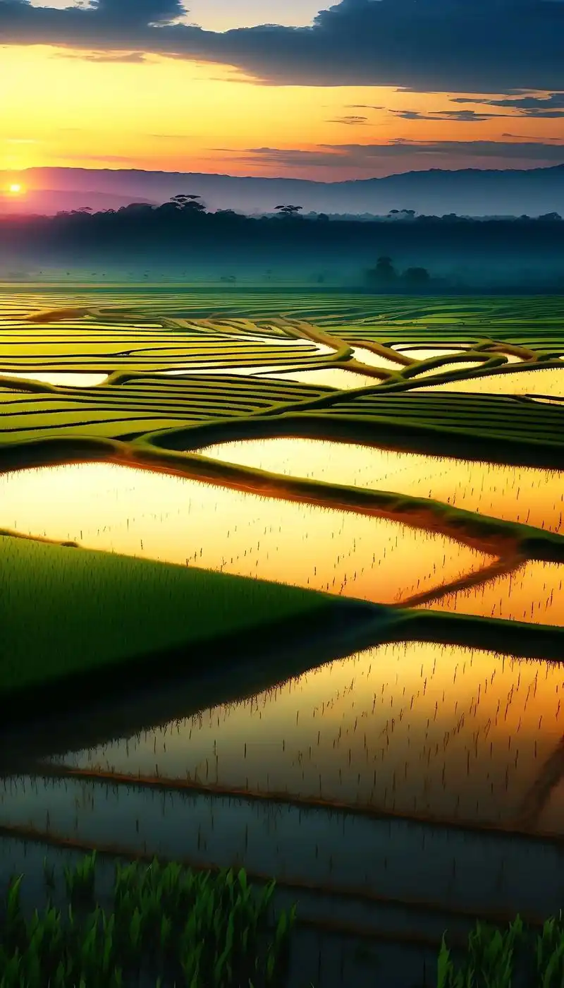 夕阳下的稻田风光#ai绘画 #先锋壁纸#图文伙伴计划 - 抖音