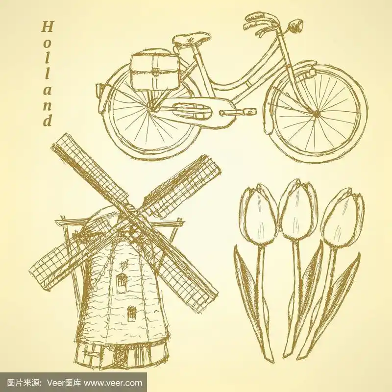 素描荷兰风车,自行车和郁金香,矢量背景