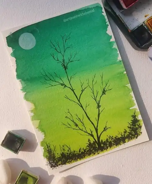 一组极简主义小清新水彩画,一轮明月,一片天空,一棵树木,足矣