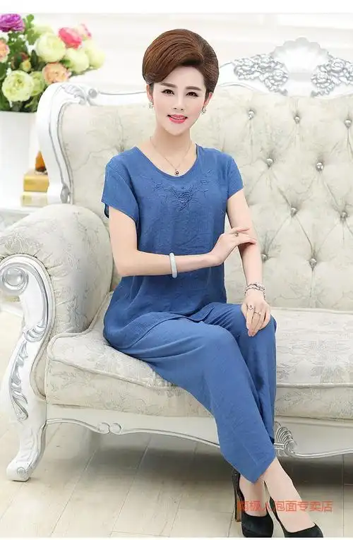 南极人棉麻睡衣女夏妈妈睡衣女夏季棉麻中老年大码中年薄款女士家居服