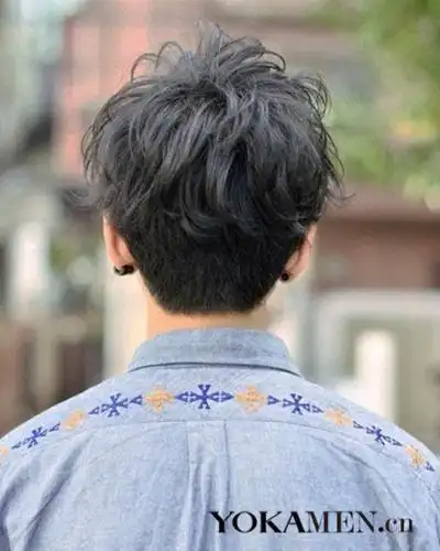 动感卷曲烫发背面的发型后颈部分的头发都做出了平整的修剪,阳刚而