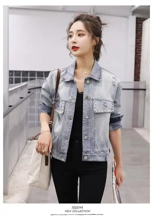 牛仔外套2020年春季长袖短款刺绣潮流修身显瘦单排扣直筒钉珠_猫尔哚
