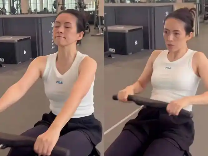 45岁章子怡晒素颜健身照,眼皮松弛暴露年龄,森林北被赞更胜一筹